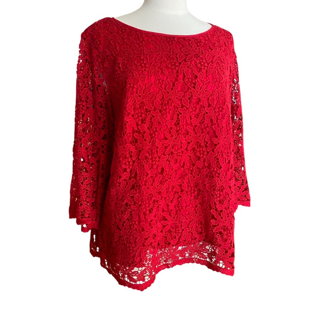 Talbots Red Scroll Floral Lace Overlay Top 3/4 Sleeve Scalloped Whimsigoth-18W - Picture 15 of 15